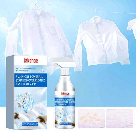 Get the Jakehoe All-in-One Powerful Stain Remover Clothes Dry-Clean Spray! This easy no-rinse solution removes grease and dirt from your clothes, leaving them fresh and stain-free. Perfect for home use, this spray requires no electricity or batteries.