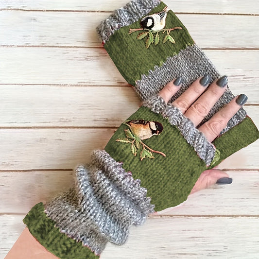 Vintage Thick Stretchy Half Finger Color Block Gloves with Bird Embroidery