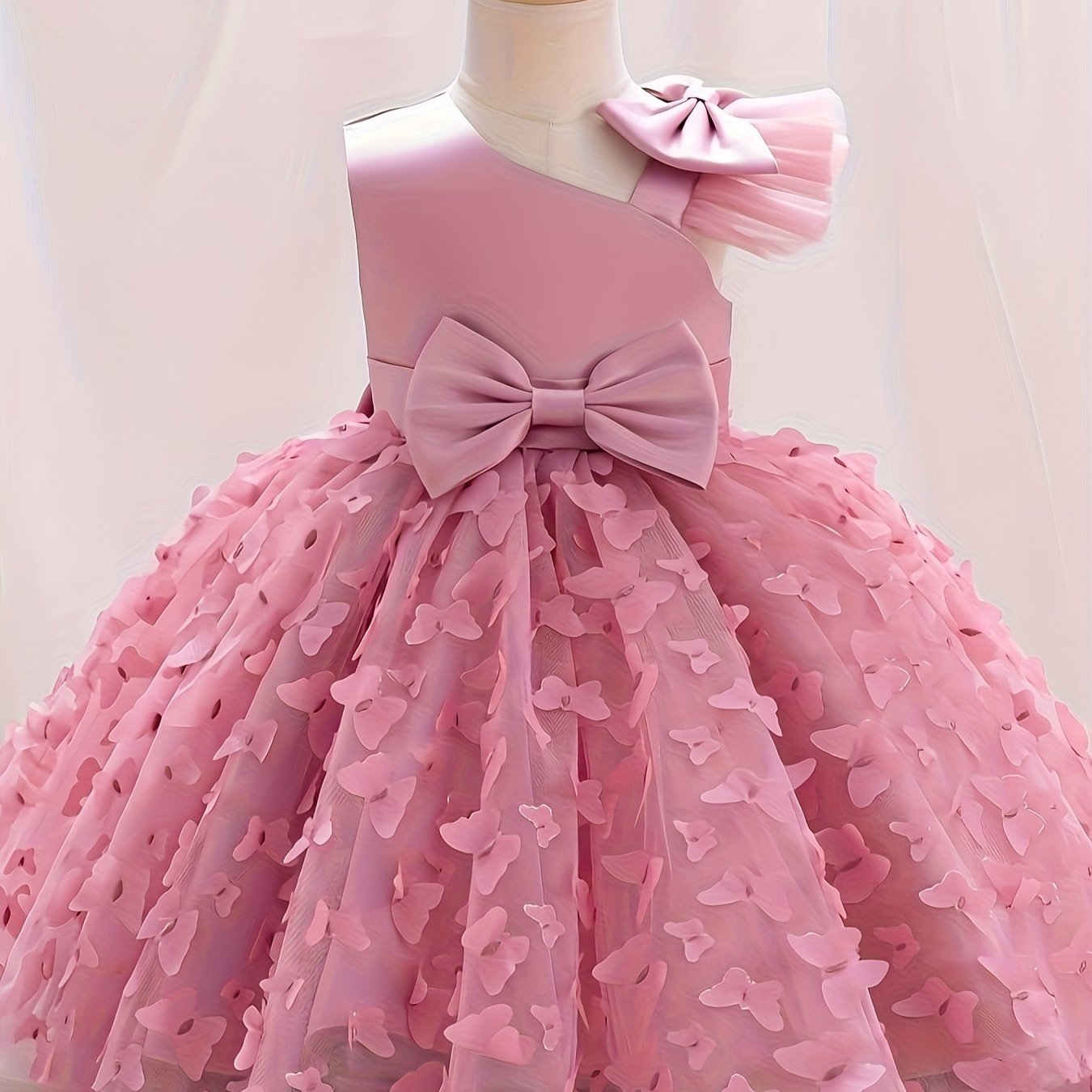 Toddler girls princess dress with butterfly design, bow belt, and flutter mesh sleeves, perfect for parties and birthdays.