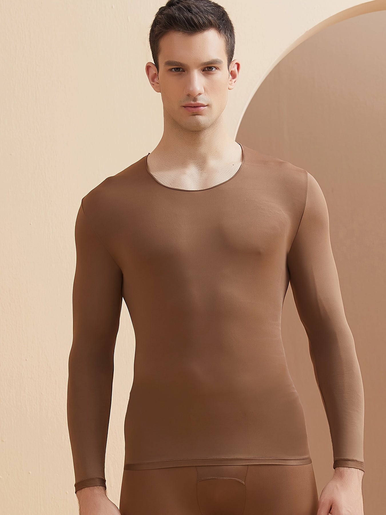 2 ultra-thin seamless thermal tops for men, ideal for fall and winter, with stretchy, comfortable base layer and round neck.