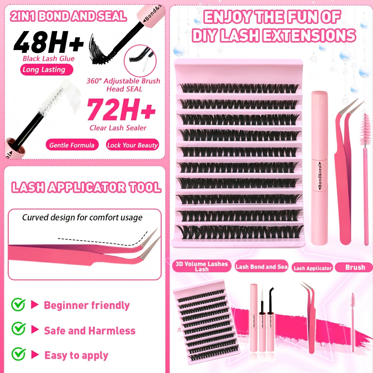 200pcs DIY Eyelash Extension Kit with mixed 8-16mm lengths, waterproof faux mink lashes suitable for all eye shapes. Soft, comfortable, and easy to apply for beginners, reusable with