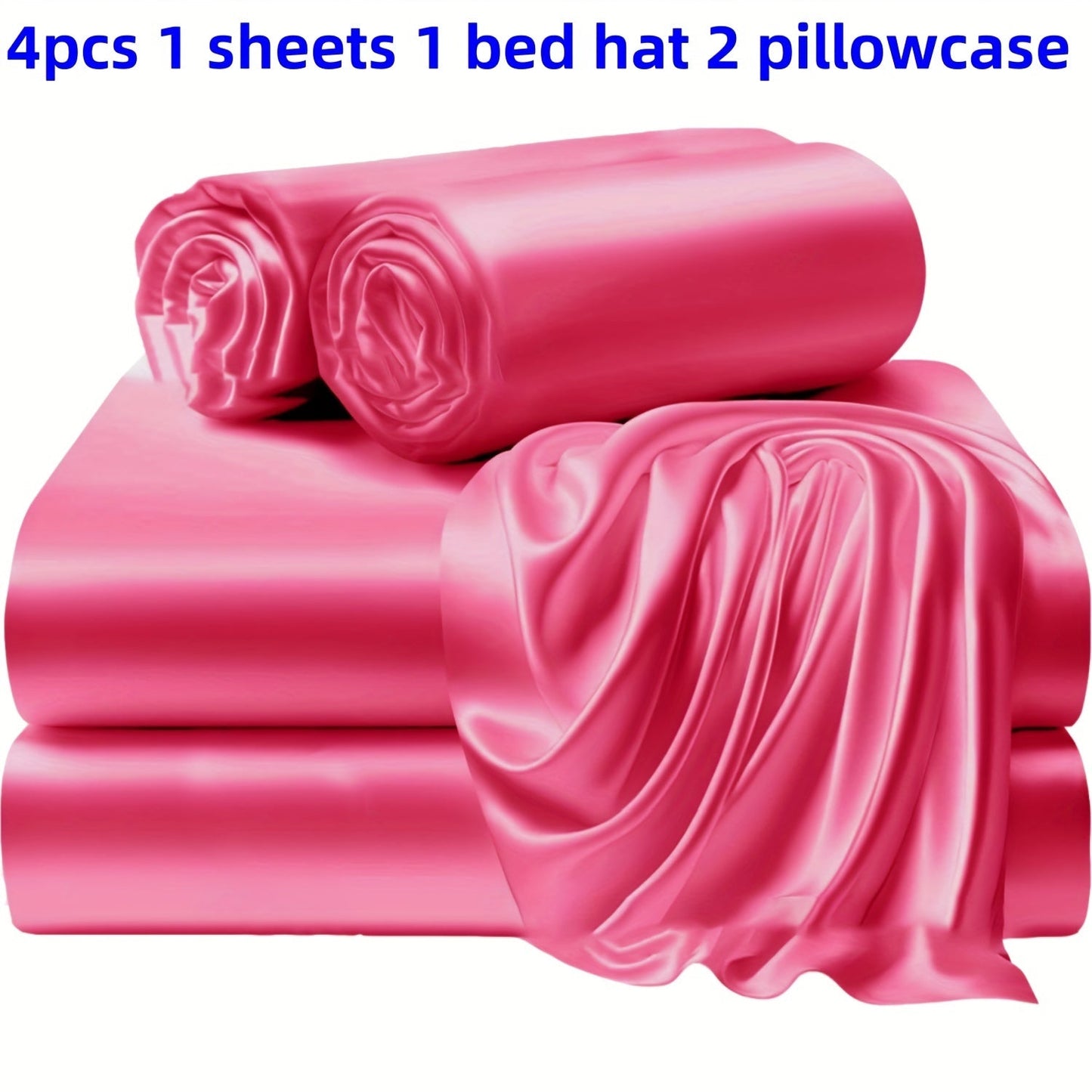 A set of three or four solid color bed sheets and bed skirts, along with half the number of pillowcases, all soft and silky.