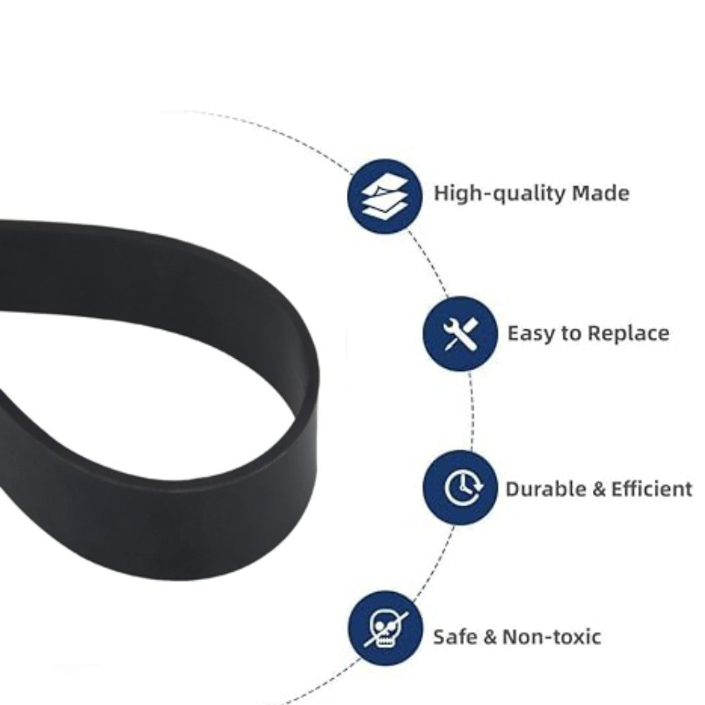 Two pieces of Universal Vacuum Cleaner Belts designed to be compatible with Bissell Models 7, 9, 10, 12, 14, and 16. These high-tensile rubberized drive belts are durable and do not require electricity to function. They are ideal replacement parts for