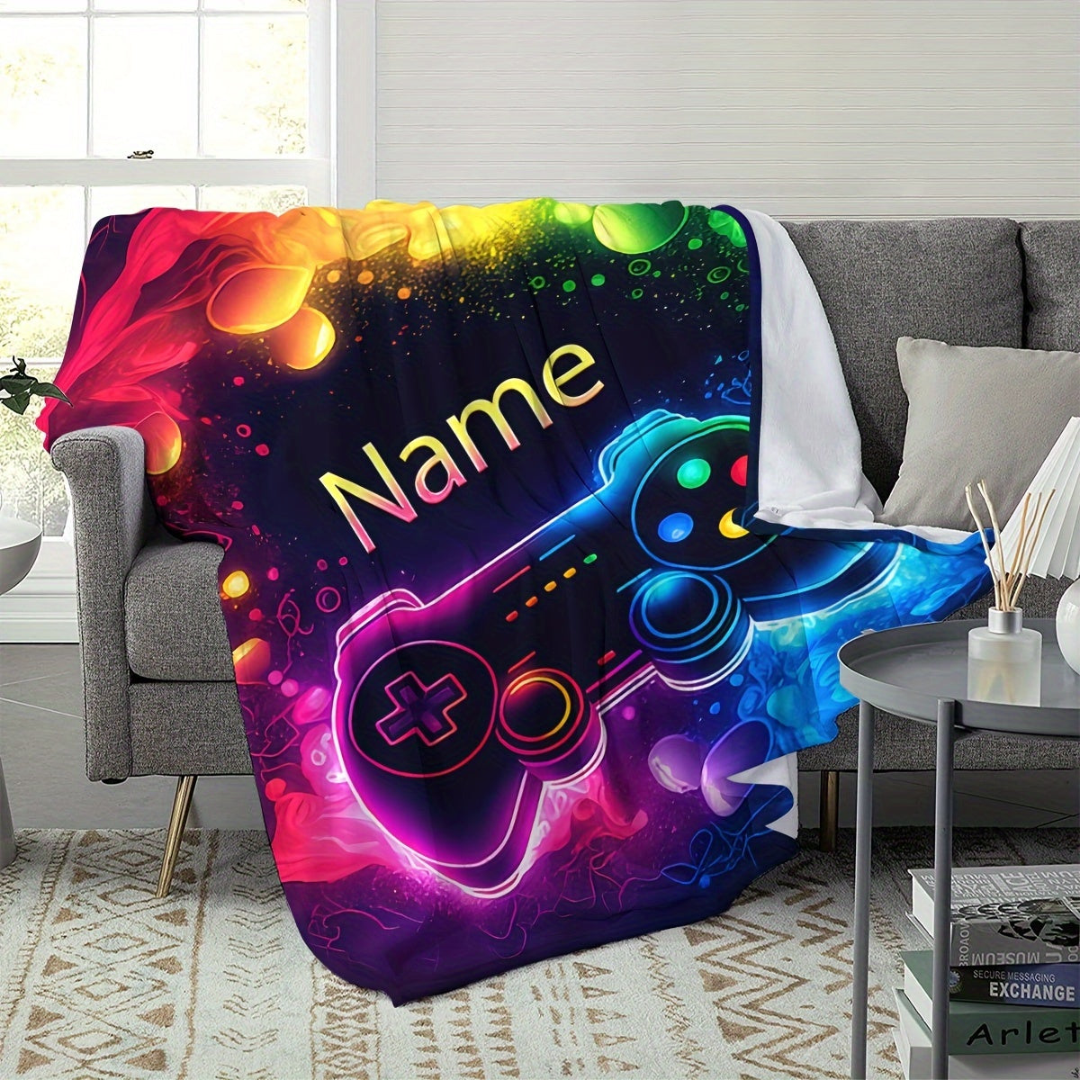 Stay warm and cozy with the 1pc CozyCraft Customizable Gaming Controller Pattern Throw Blanket. Made from lightweight flannel, this blanket is soft, warm, and allergy-free. With a digital print design, this versatile blanket is perfect for using on the