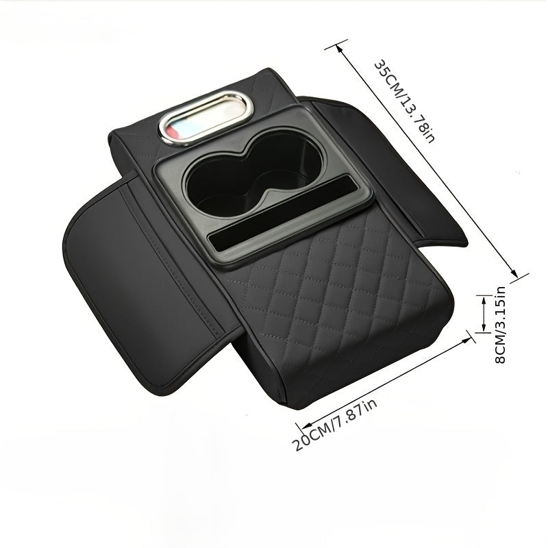 Luxurious PU leather armrest pad with cup holder, tissue box, and storage solutions for enhanced comfort and style.