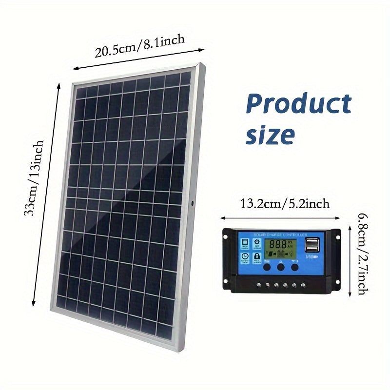 Portable solar panel kit with controller options, multiple voltage outputs, and USB charger for various applications like camping, hiking, RV, and security cameras.