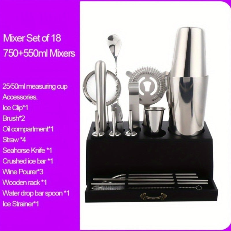 Essential Barware Tools Set - 18-Piece Stainless Steel Cocktail Shaker Set with Jigger, Pourer, Corkscrew, Muddler, Brush, Teardrop Bar Spoon, Garnish Tray, Straws - Complete Bartender Kit for Home, Bar, and Party Drink Mixing