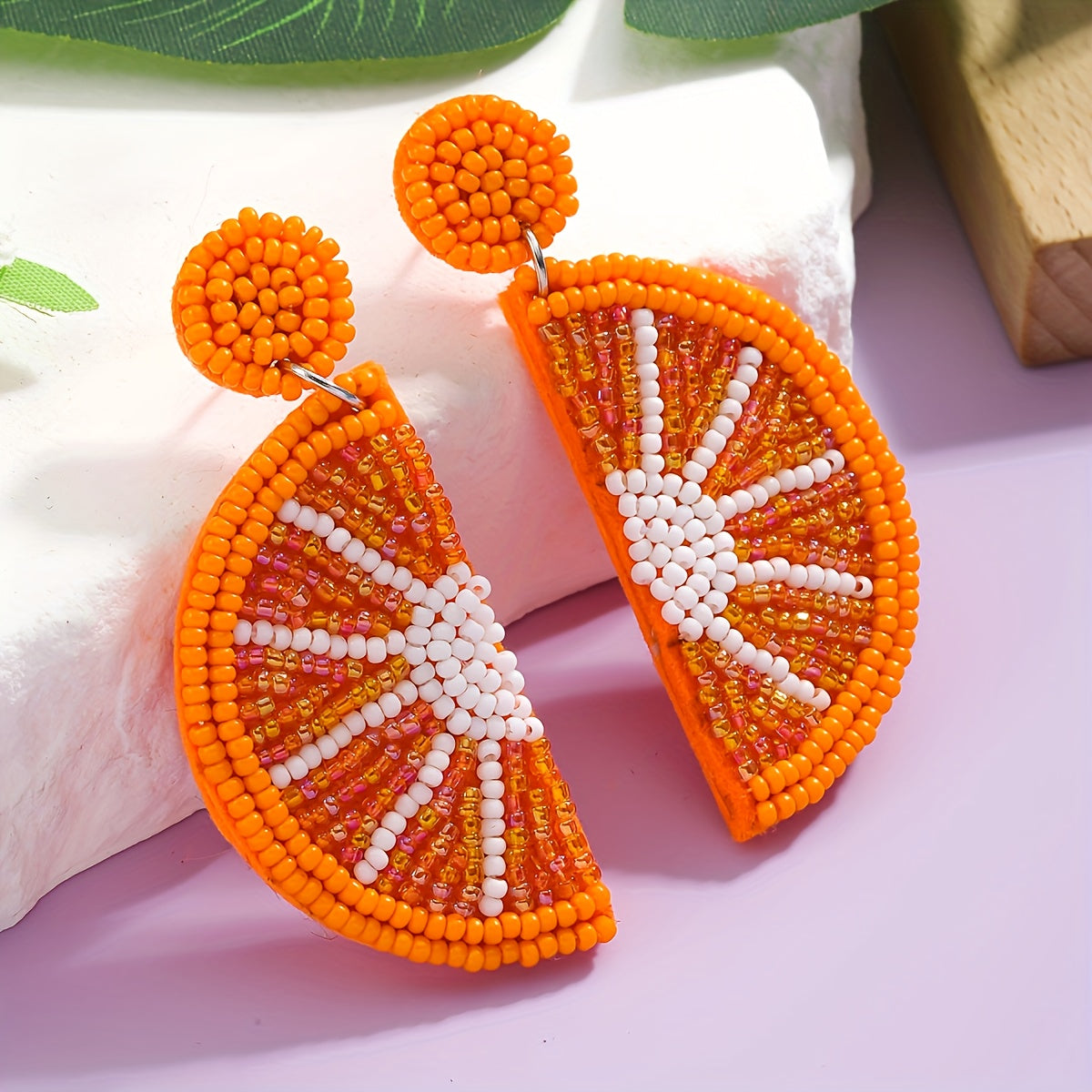 Handmade Beaded Fruit Earrings, Stylish Boho Design with Stainless Steel Post, Featuring Summer Lemon and Orange Motif. Perfect for Women's Fashion, Ideal for Daily or Vacation Wear.