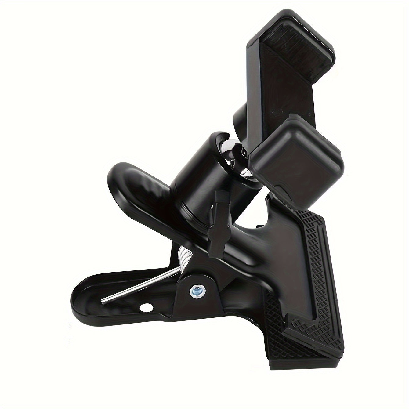 Black alloy cell phone clip for live streaming and recording musical instruments, doubles as a selfie holder.