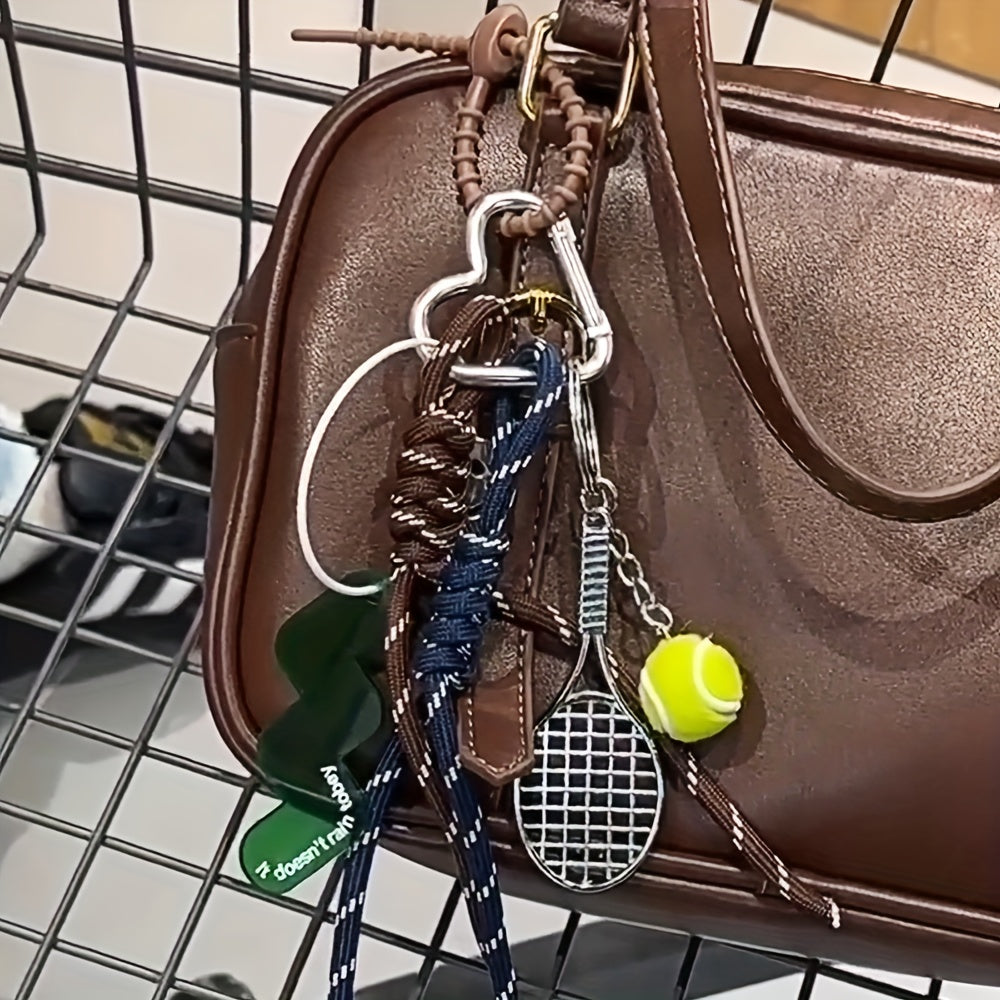 Metal keychain set featuring a tennis racket and ball design with rope accents, perfect for decorating bags with a sports theme. This multi-piece key ring accessory is ideal for attaching car keys and makes for a great Valentine's Day gift.