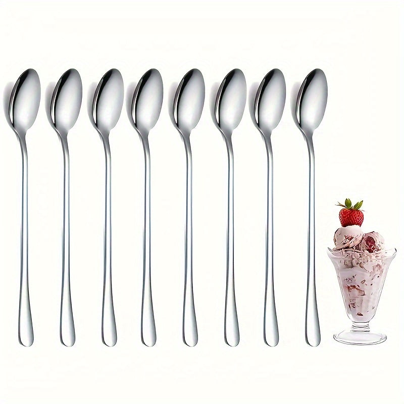 8 stainless steel long-handled spoons, perfect for ice tea, coffee, ice cream, and dishwasher safe.