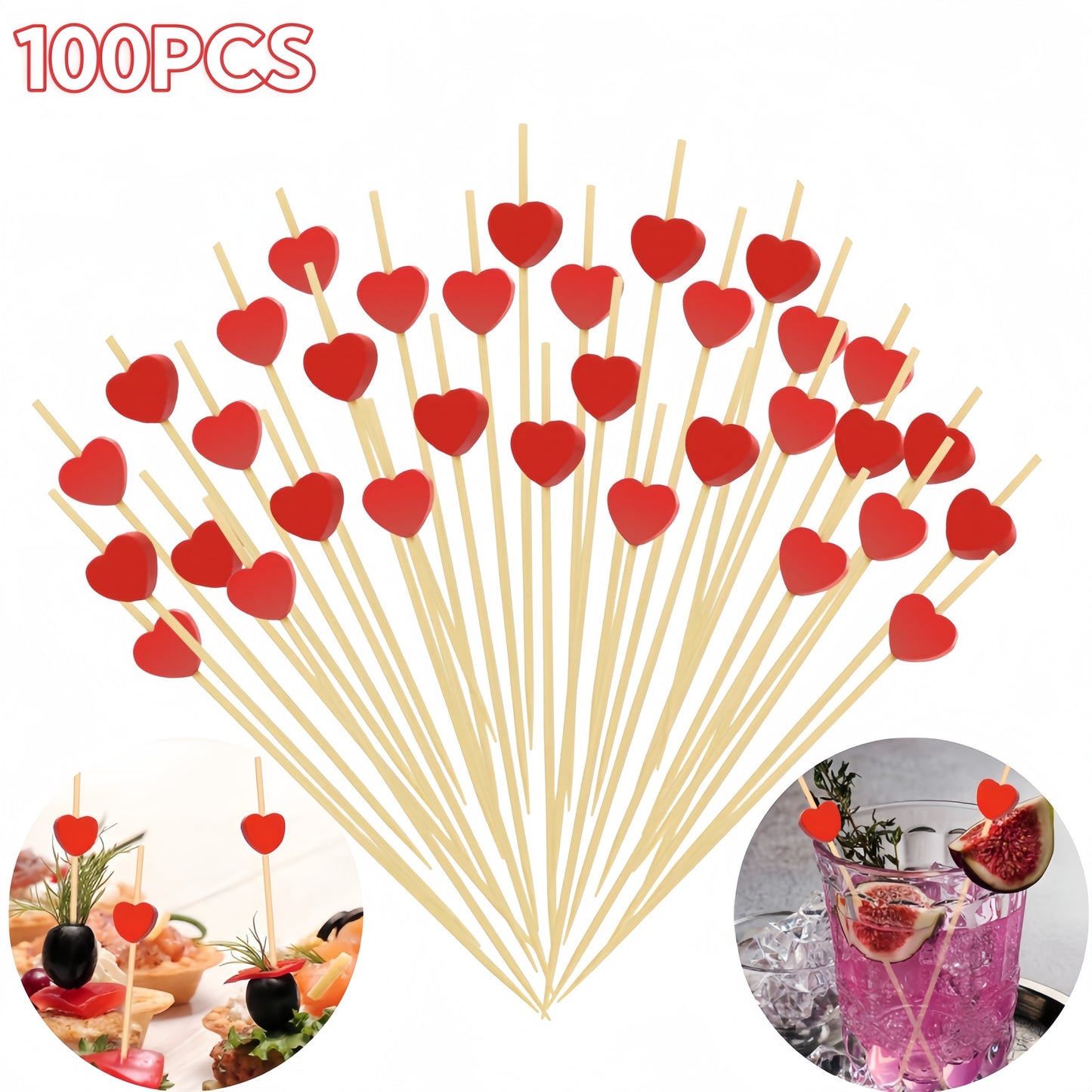 100pcs red heart cocktail picks, 11.94 cm bamboo skewers for bridal shower, wedding, and Valentine's party. Great for decorating food and drinks.