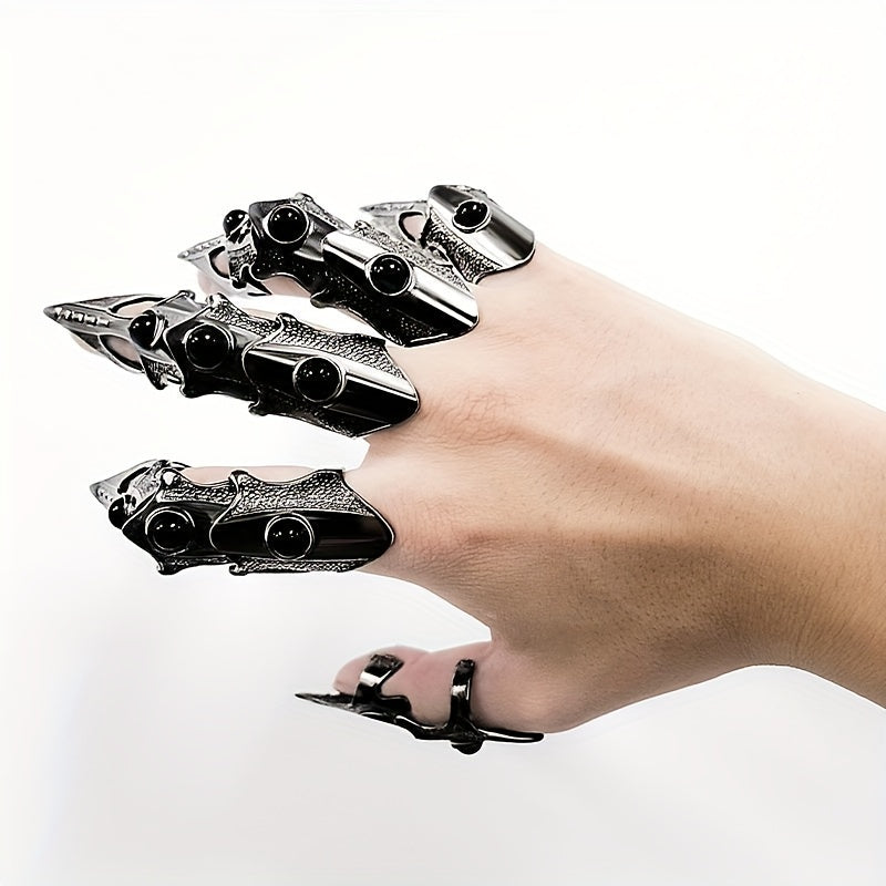 Large Full Finger Rings with Hinges, Vampire Claw Inspired Armor Jewelry, Bendable Metal Claws for Fingers, Edgy Hip Hop Gothic Style, Made of Zinc Alloy Without Plating, Suitable for Daily Wear and Gifting, Perfect for All Seasons - Black