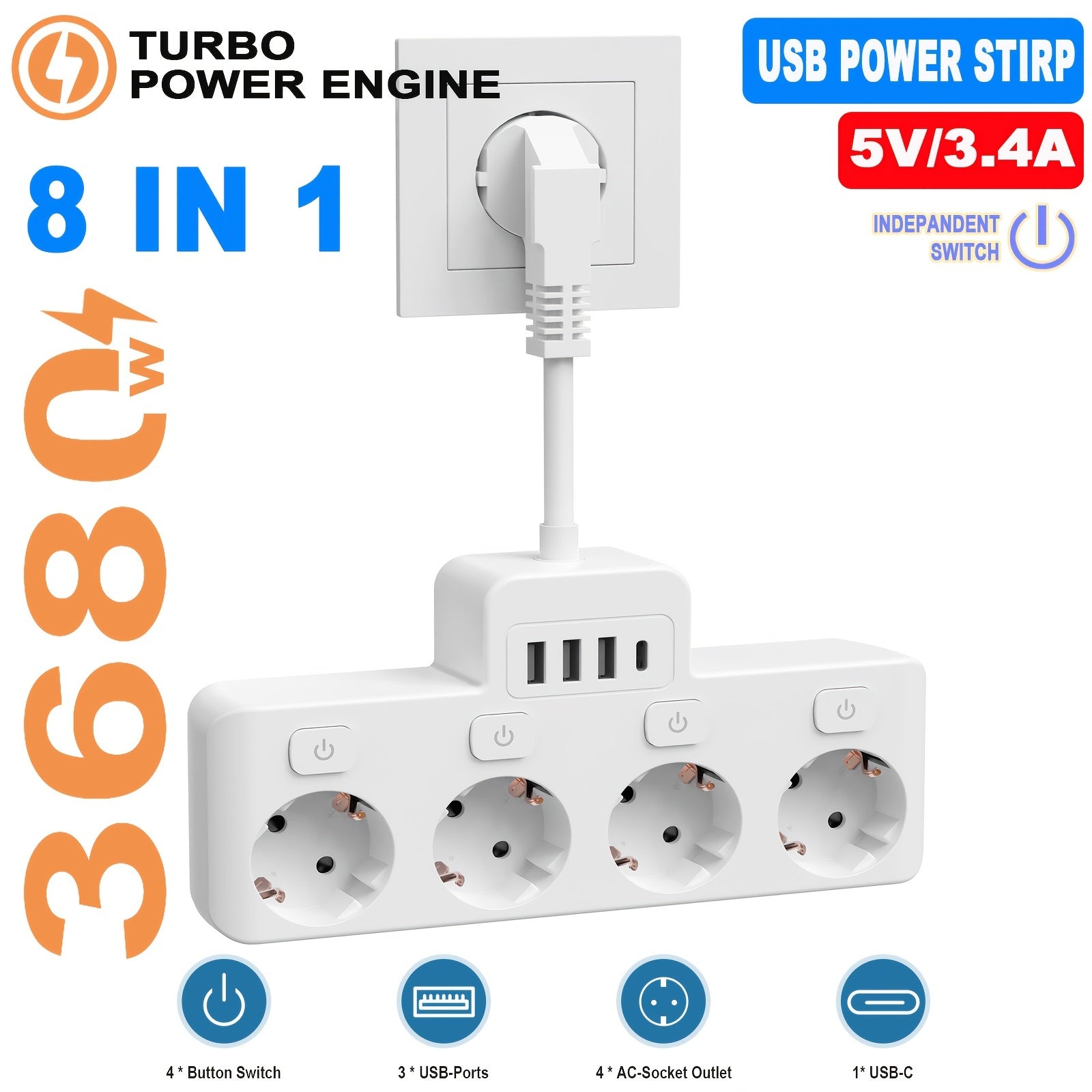 Power strip with 4 AC outlets, 4 USB ports, individual switches, and short cord for home, office, and travel use.