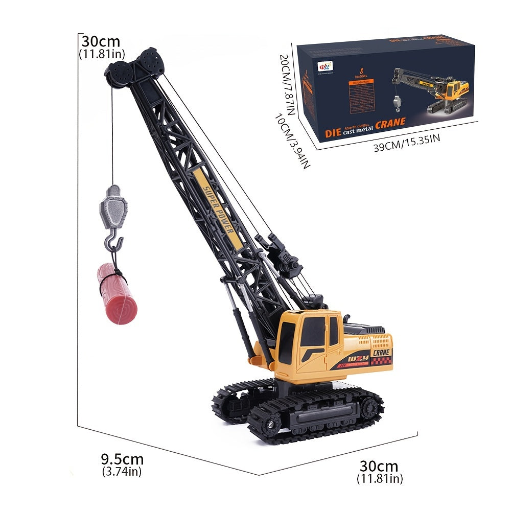 FUUY 2.4Ghz RC Crane with Lights & Sounds is a yellow, 360° rotating toy with 8-channel remote control and USB rechargeable battery. Ideal birthday gift for youngsters.