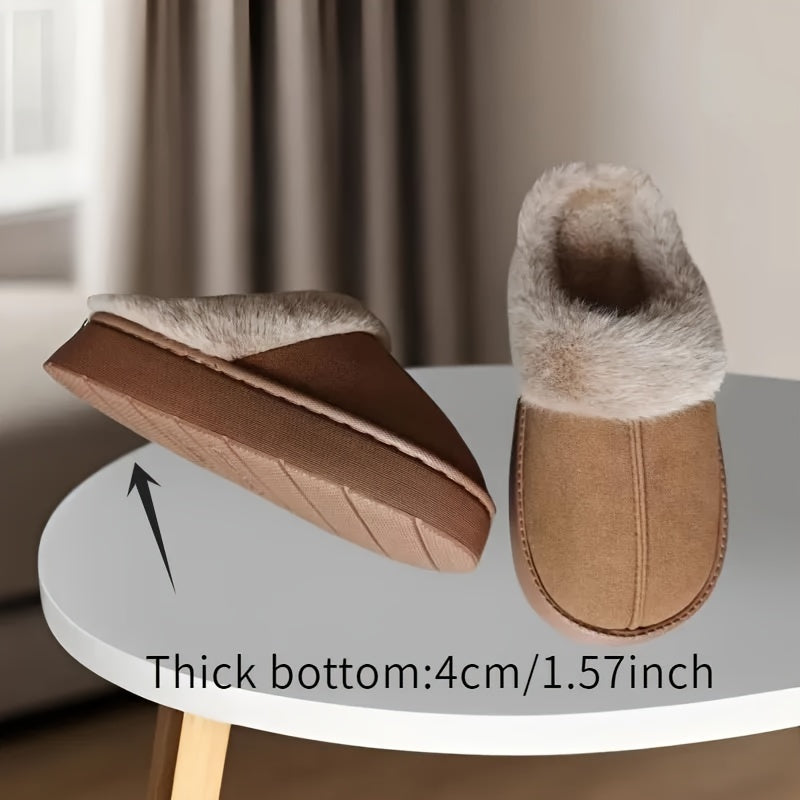 Women's cozy slippers with thick sole for winter warmth, non-slip, hand washable fabric, and EVA sole for home comfort.