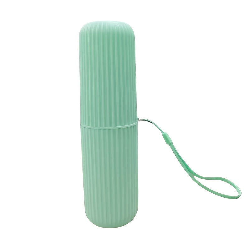 Portable toothbrush holder with rinse cup for travel and bathroom use, hypoallergenic and alcohol-free.