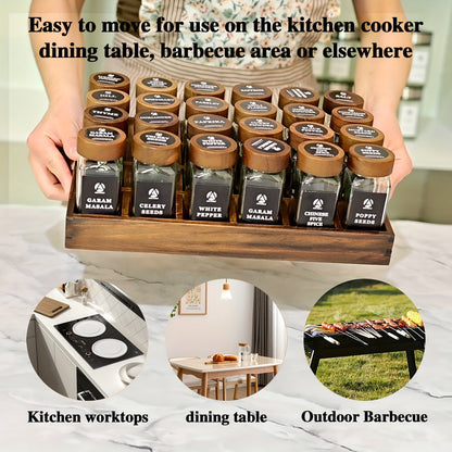 Elegant 24-Piece Sandalwood Spice Rack Set featuring Glass Jars and Lids, Drawer Storage, and Waterproof Labels for British Spices, Herbs, and Seasonings - Stylish and Practical Addition to Your Kitchen