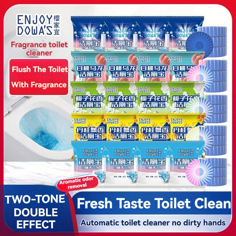 Experience a fresh bathroom with Dowa's 8-Pack Toilet Bowl Cleaner Tablets. This botanical blend features the soothing scents of white peach oolong and gardenia, in a concentrated gel form made with sodium lauryl sulfate. Perfect for ceramic surfaces