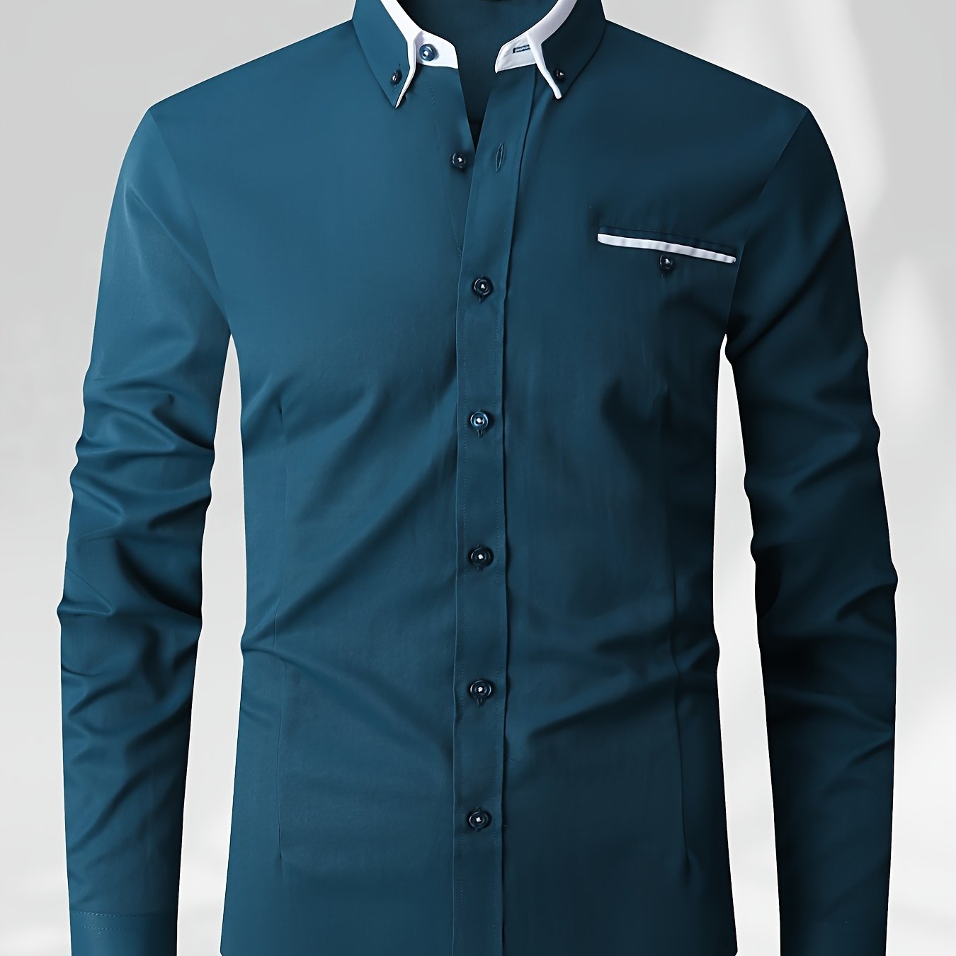 Men's color block shirt, made of 60% polyester and 40% cotton, with long sleeves, regular fit, lapel collar, and button details. Made of woven fabric, non-stretch, and suitable for work