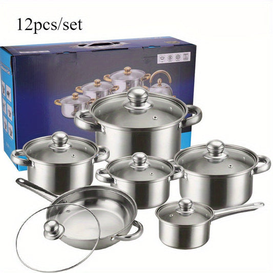 Set of 12 Stainless Steel Cookware Pieces with Glass Lids - Suitable for Gas Stoves, Durable Heat-Resistant Handles for Home & Restaurant Cooking