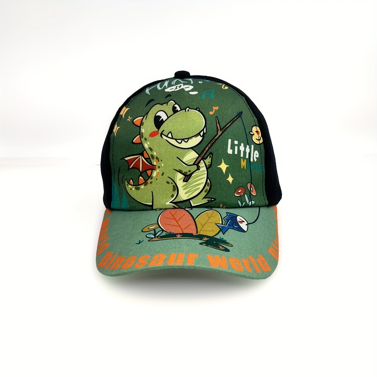 Adjustable cartoon dinosaur print baseball cap for boys and girls.