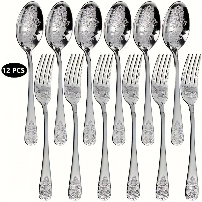 Stainless steel 12-piece cutlery set with embossed design, includes 6 forks and 6 spoons, dishwasher safe for home, kitchen, and restaurant use.