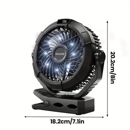 Portable camping fan with LED lights, rechargeable USB fan with long standby time, 360° rotating fan, LED display and hook for convenient hanging, clip-on design suitable for tent, bedroom, and outdoor use.