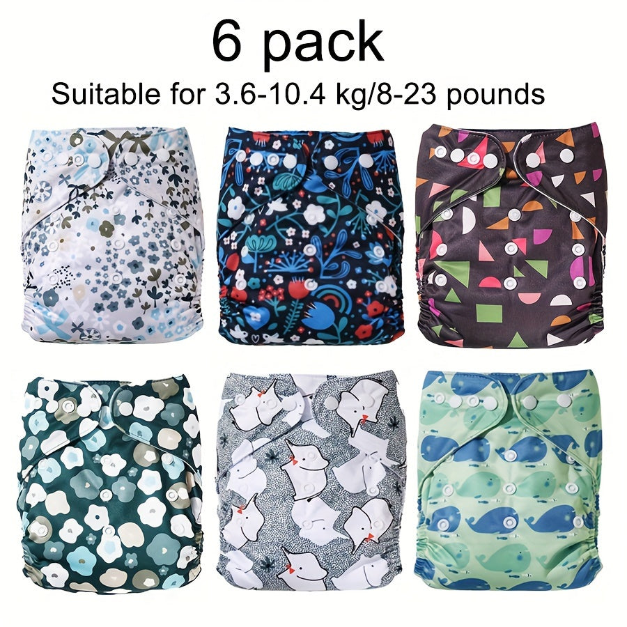 BooBee 6-Pack of Reusable Cloth Diapers - Adjustable and Washable Polyester Covers in a Variety of Patterns. The Perfect Gift for Christmas, Halloween, or Thanksgiving! Fits Babies Weighing 3.63-10.43 KG.