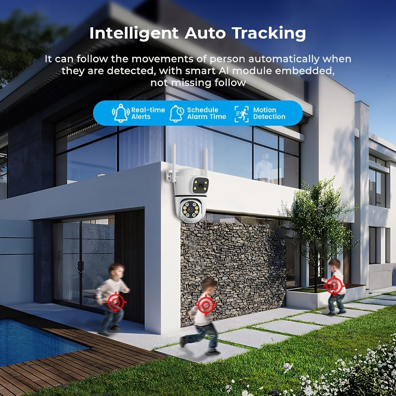 Enhance the safety of your home with the Anyazhineng 1080P Dual Lens Outdoor Security Camera. This WiFi-enabled camera features auto tracking, human detection, night vision, and two-way audio. With 360° pan tilt control, you can keep an eye on every