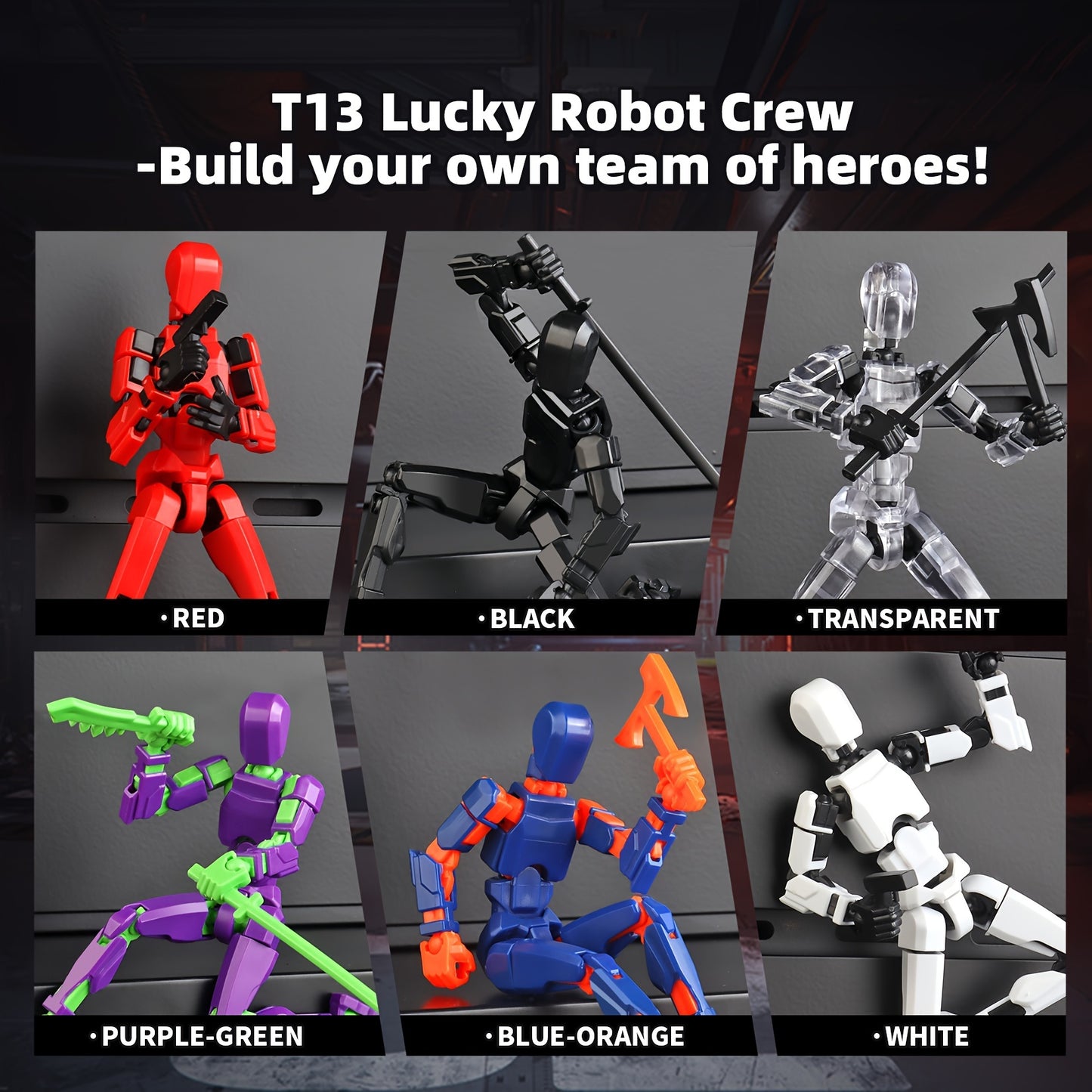 6-piece T13 robot action figure set, articulated dummy toy printed in 3D, ideal birthday gift for 3-8 year old collectors.