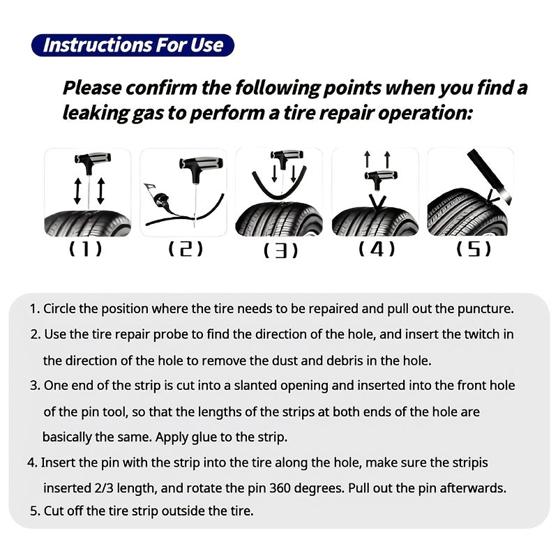 Tire repair kit for emergencies, includes puncture plug tool and inflation nozzle.