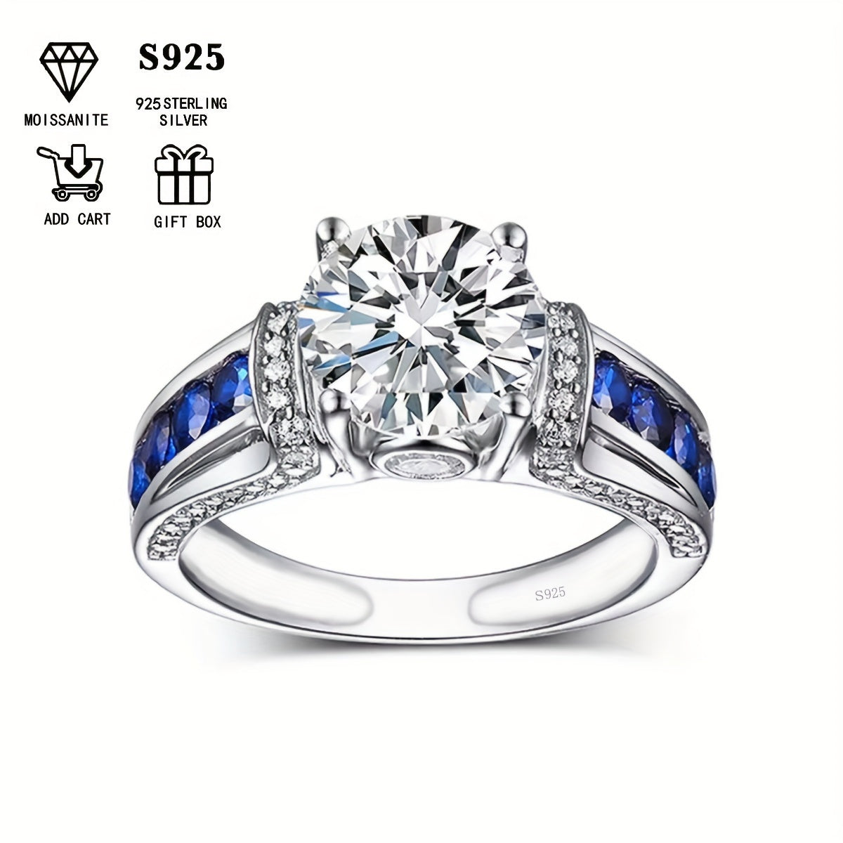 Beautiful 2ct Moissanite Engagement Ring adorned with stunning Blue Side Stones, crafted in 925 Sterling Silver Plating. This Boho Royal Style ring is ideal for both daily wear and special festival celebrations, making it a wonderful Mardi Gras gift.