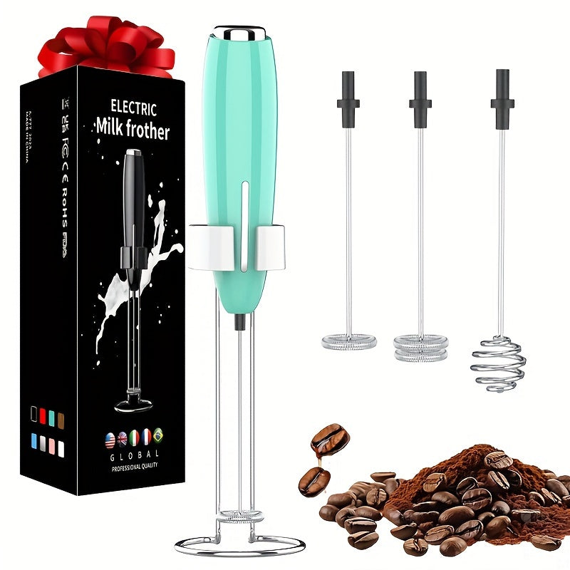 Battery operated handheld milk frother for creating creamy foam in drinks, perfect for coffee and cappuccinos.