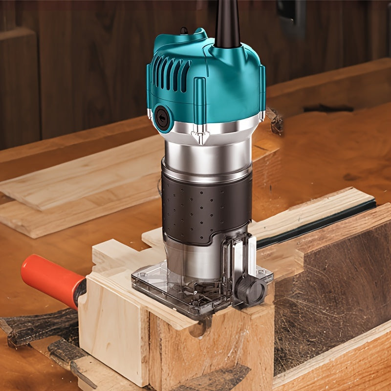 Electric woodworking router with slotting function, DIY wood engraving tool, edge trimming, laminate milling & carving, includes router bits, European standard plug, 220-240V power supply