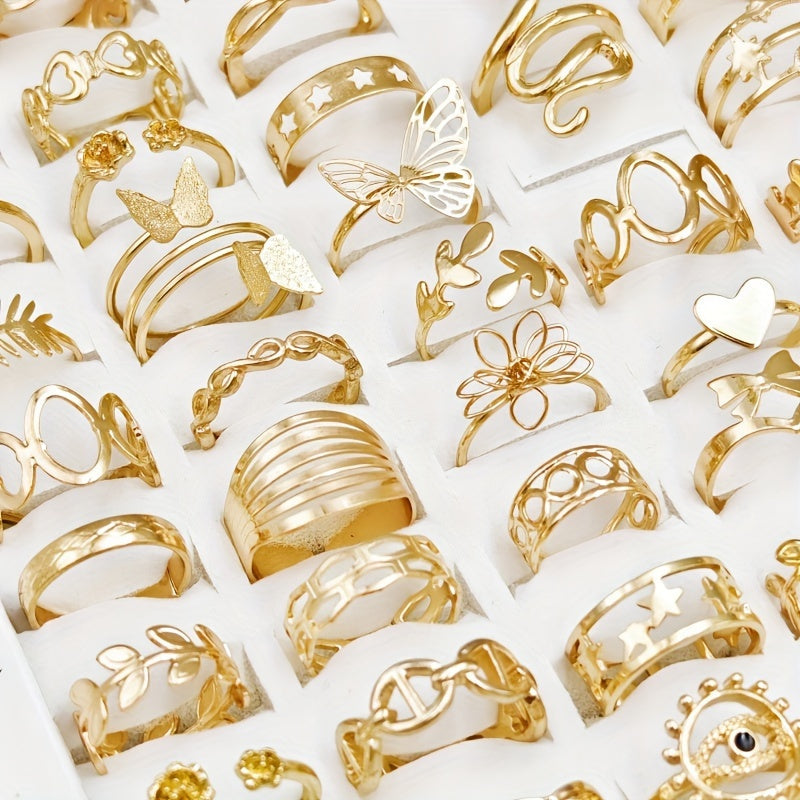 Set of 50 Luxury Golden Alloy Rings for Women - Featuring Elegant & Vintage Butterfly and Snake Designs - Ideal for both Casual Wear and Special Occasions