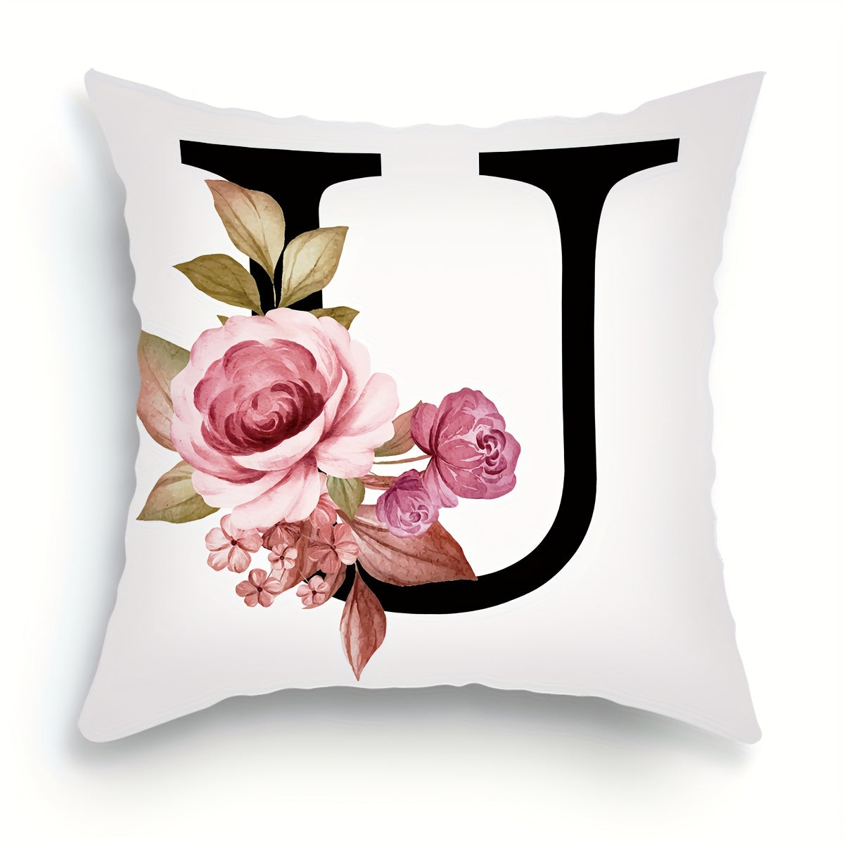 English letter flower print pillowcase for sofa cushions, 45.72cm x 45.72cm.