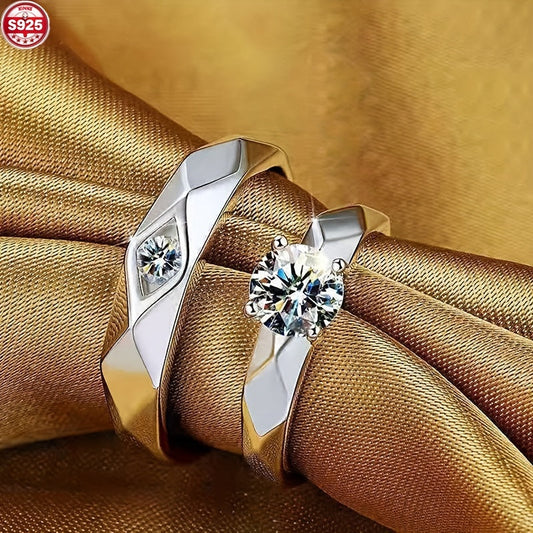 Two pieces of 925 Silver Fashion Couple Rings featuring a Unisex Bohemian Elegant Style, adorned with Synthetic Cubic Zirconia on an Open Band. Ideal for Music Festivals, Vacations, Valentine's Day, and can be worn all year round.