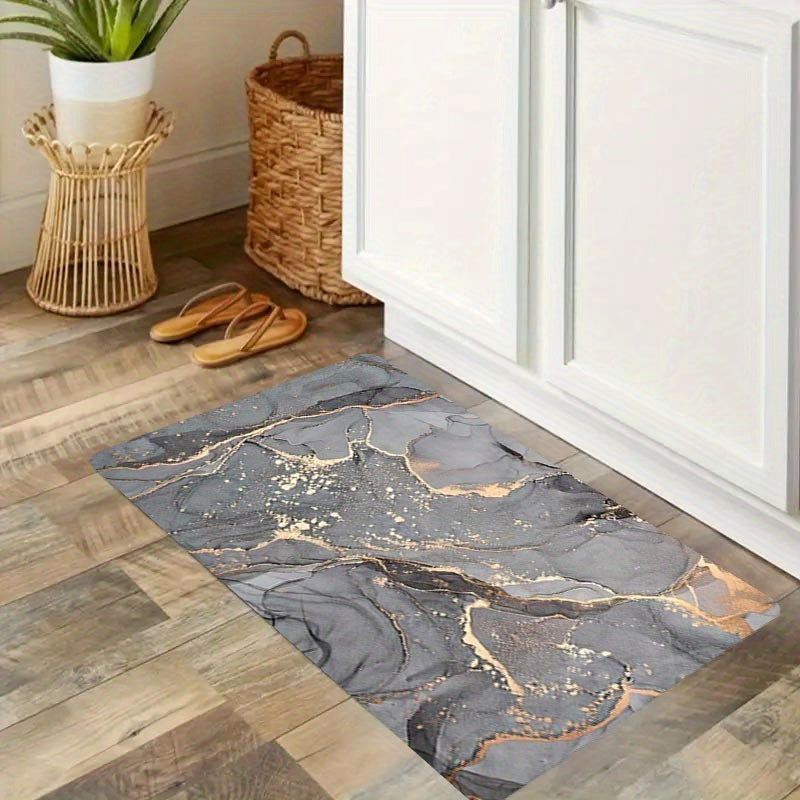 Waterproof floor mat with marble pattern, suitable for various indoor and outdoor spaces. Made of machine washable polyester.