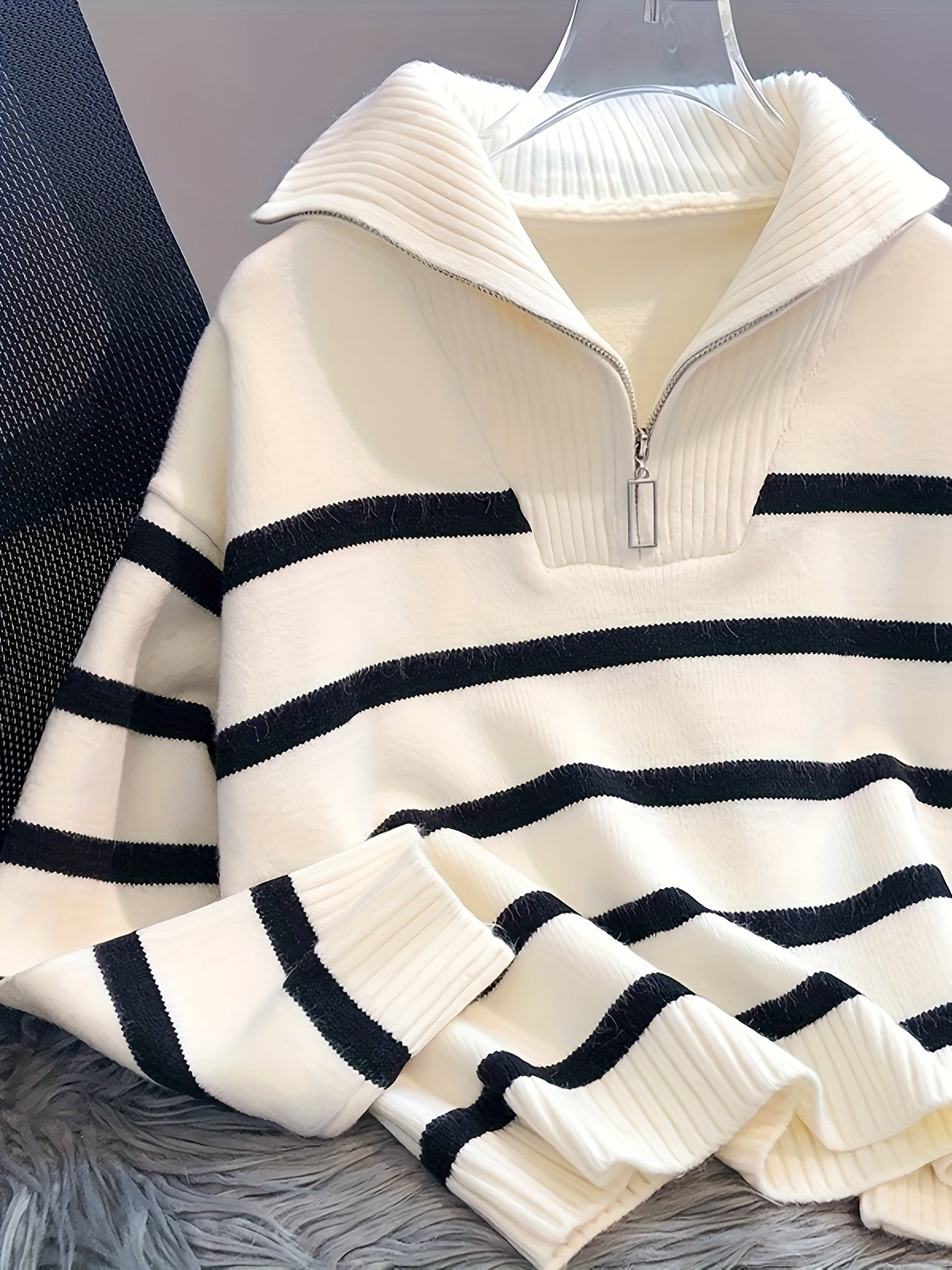 Cozy, thick zip-up sweater for women with chic stripes, perfect for spring/fall, machine washable.