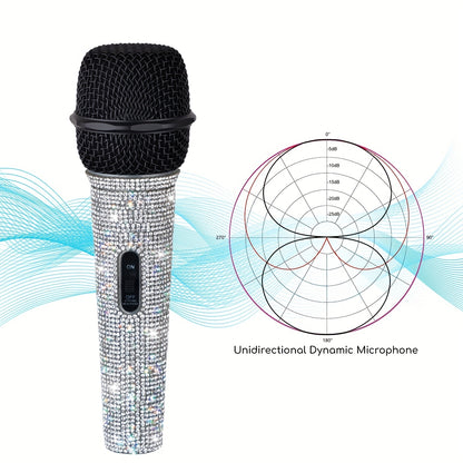 Metal handheld microphone decorated with rhinestones, ideal for singing with a 5.0 meter XLR cable.