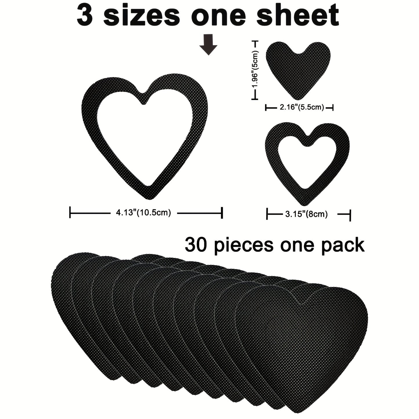 30 heart-shaped black vinyl bathtub stickers for safety, easy to apply and clean.