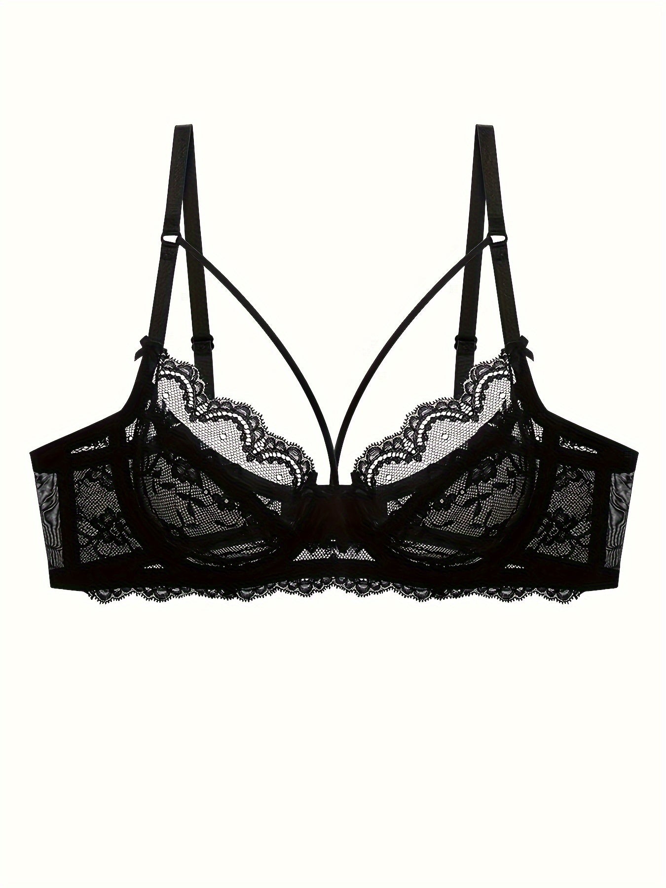 Solid floral lace lingerie set with strappy design for women.