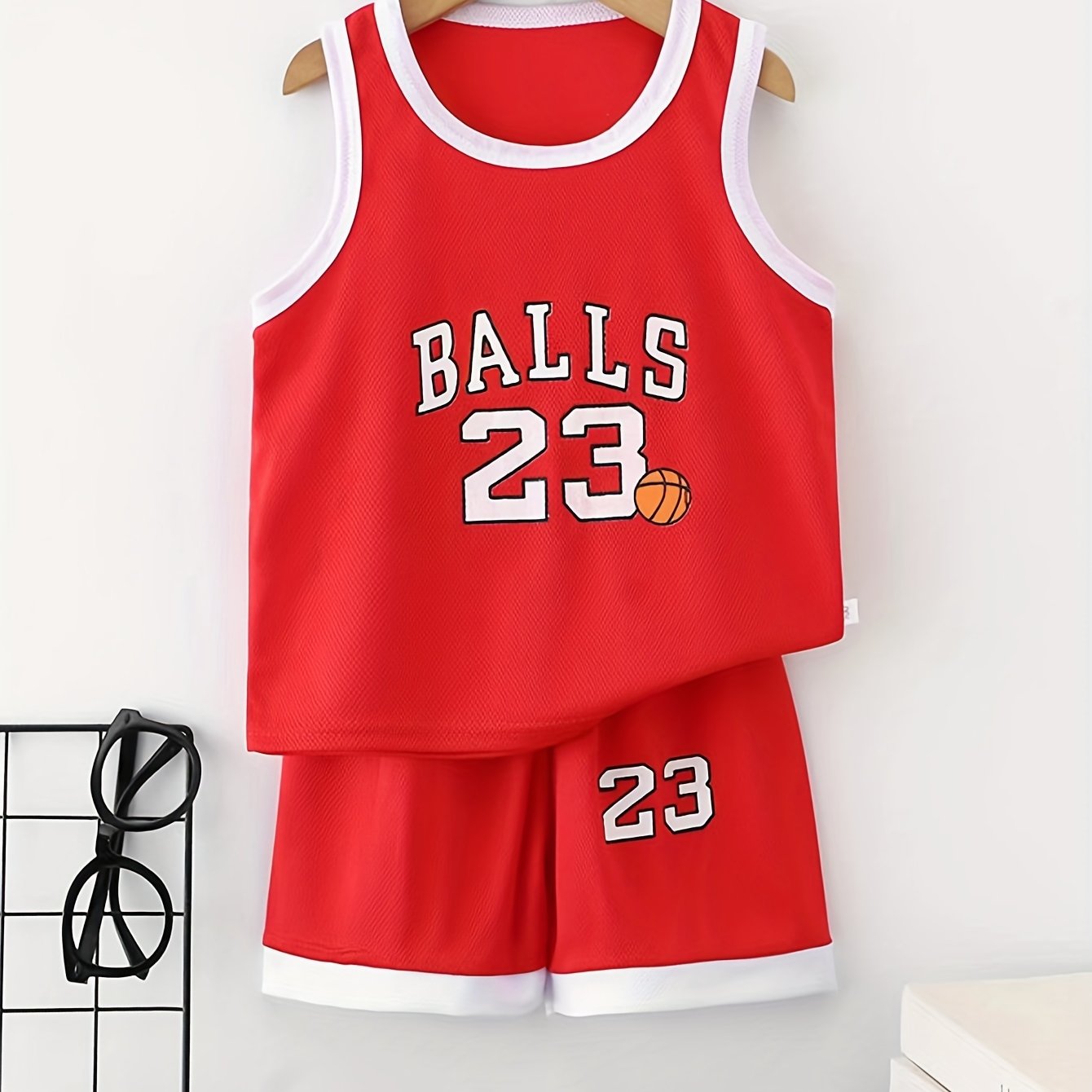 Youth #23 Basketball Jersey and Shorts Set in Red & White, 100% Polyester, Breathable, Sleeveless with Letter Print, Ideal for Spring/Summer Outdoor Sports.