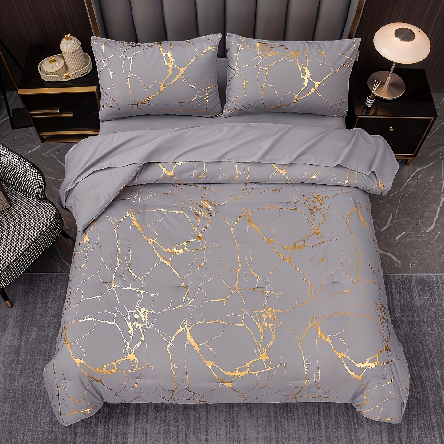 2/3 piece luxury comforter set with bronzing marble print. Soft, comfortable, and skin-friendly for bedroom or guest room. Includes 1 comforter and 1 or 2 pillowcases without core.