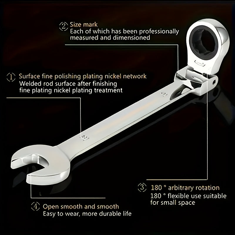 Adjustable ratchet wrench with metric sizes for home, auto, and bike repairs, made of chrome vanadium steel with 73-tooth design.