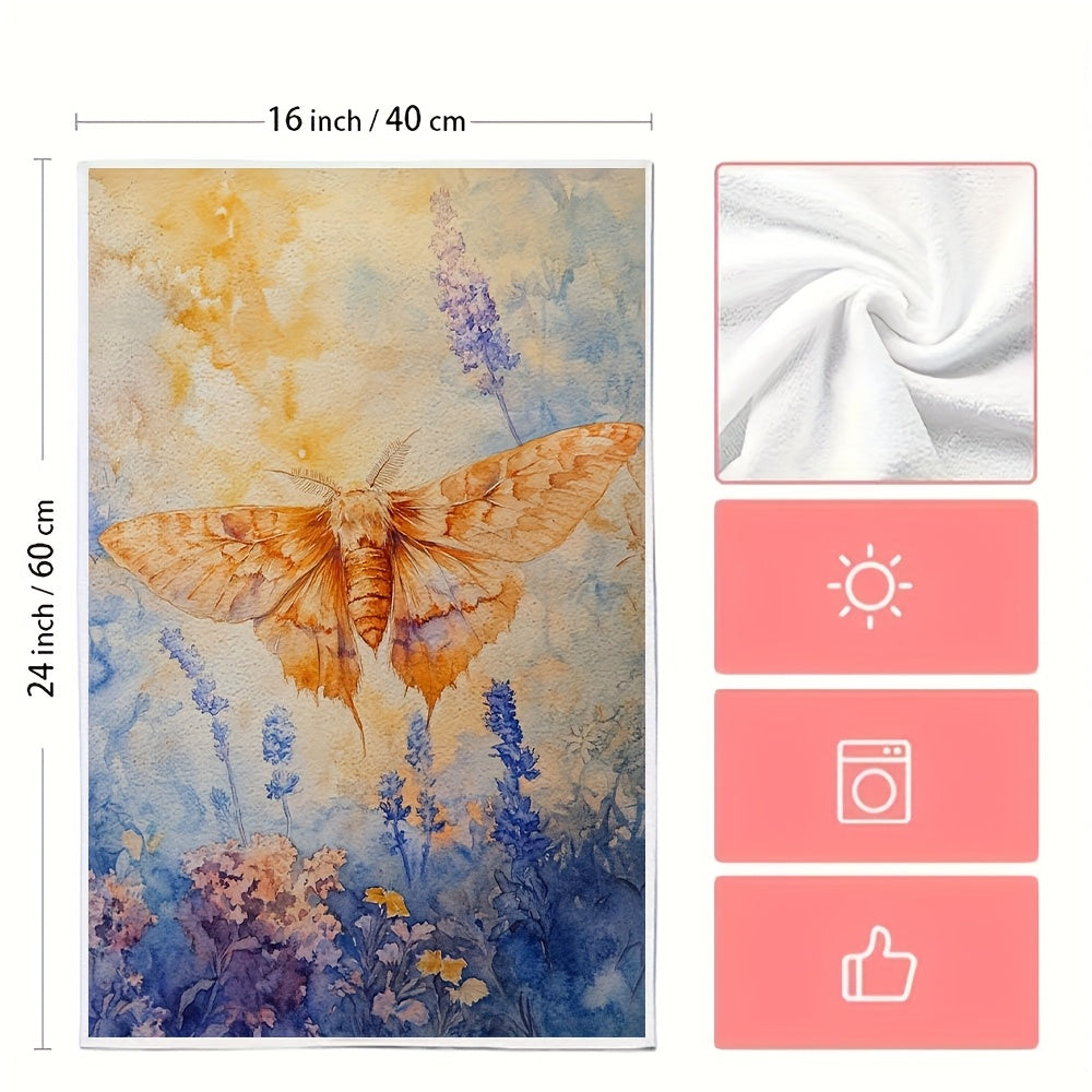 Set of two ultra soft kitchen towels featuring a whimsical moth and floral design. These highly absorbent dish hand towels are machine washable and perfect for contemporary coastal decor. Each towel measures 40.64x60.96 cm.