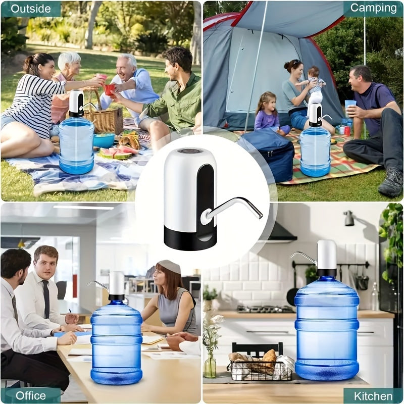 USB rechargeable electric water pump for 11.36-18.93 L jugs, ideal for camping.