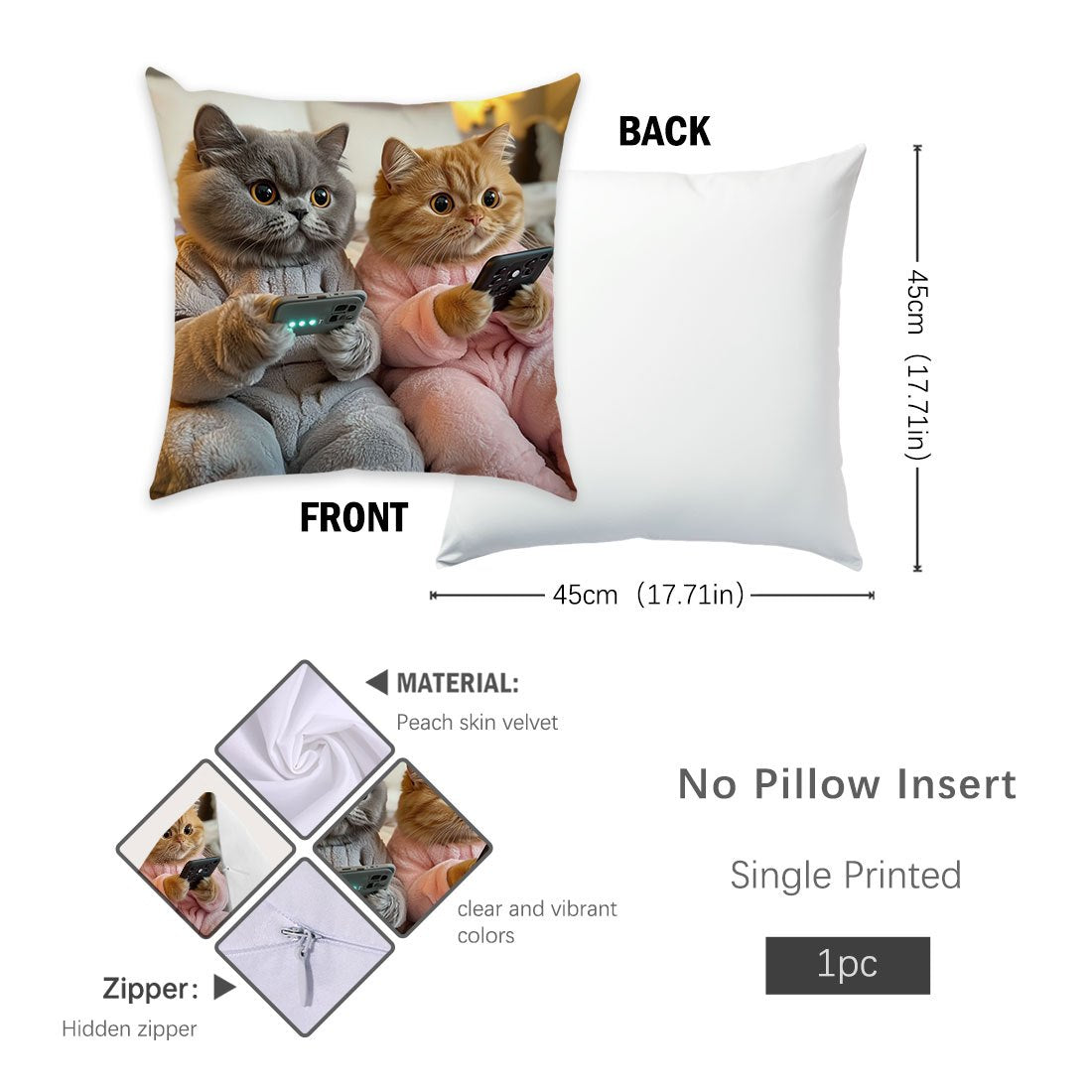 1pc Playful Cats with Phones Cushion Cover, 45x45cm, Single-Sided Print, Peach Skin Velvet, Contemporary Style, Polyester, Zipper Closure, Machine Washable, Sofa Pillow Case