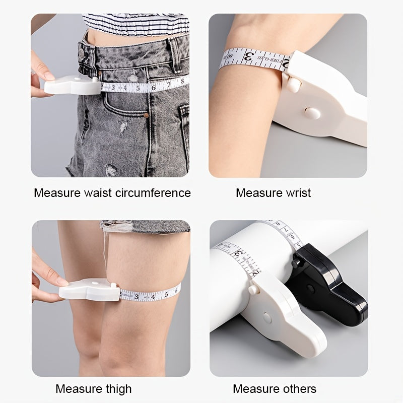 1pc 60-Inch Retractable Measuring Tape for waist, chest, and thigh circumference. Home use, with locking mechanism, made of plastic material. Dimensions: 8.99 x 5.49 cm.